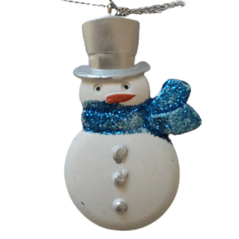 Snowman Ornament Glitter Acrylic Blue White Frosty Winter Snow Whimsical Holiday